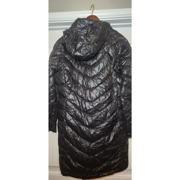 Calvin Klein Down Puffer Long Jacket Medium Black Packable Quilted Hooded Zipped - Picture 4 of 5